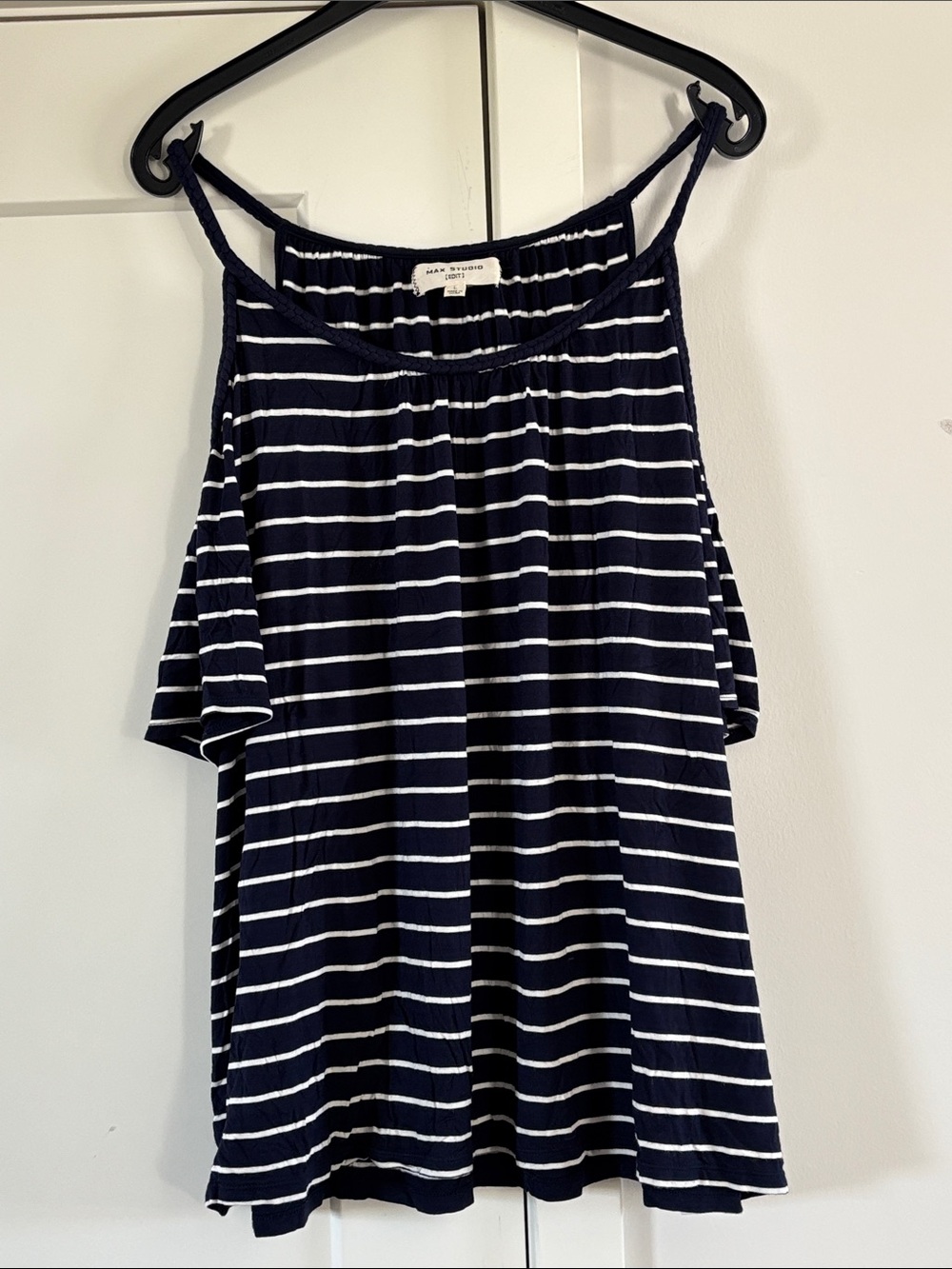 Max Studio Navy & White Striped Cold-Shoulder Tank